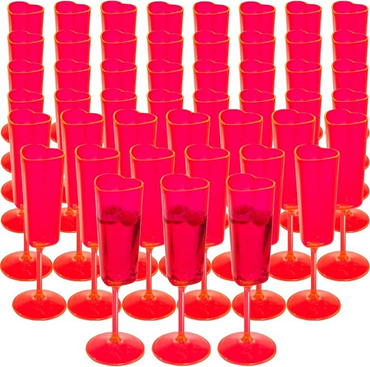 JLYLOL 48 PCS Heart Shaped Champagne Flutes, 5.5OZ Plastic Champagne Glasses, Unique Wedding Toasting Glasses, Elegant Stemmed Drinking Cups Plastic Goblets for Celebrations Anniversary Bride (Red)