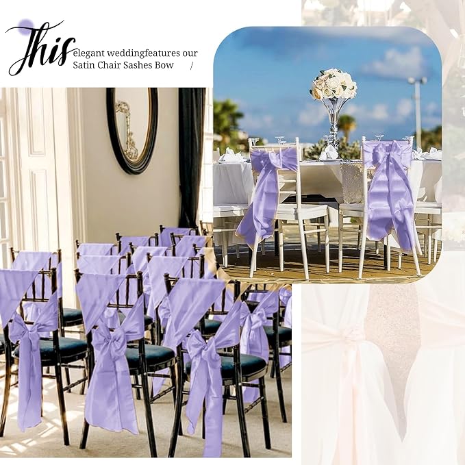 Pesonlook 60 PCS Lavender Satin Chair Sashes Bows Satin Chair Sashes Universal Chair Cover for Wedding Reception Restaurant Event Decoration Banquet,Party,Hotel Event Decorations (7 x 108 inch)