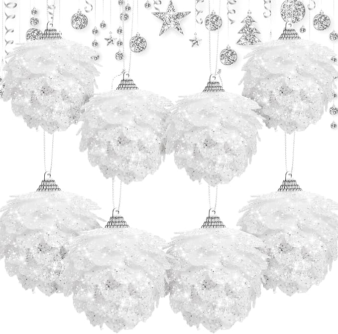 Sratte 8 Pcs Valentine Ball Ornaments Artificial Pinecone Hanging Ornaments Glitter Winter Faux Flower for Xmas Decor, 3.15/2.36 Inch(White)