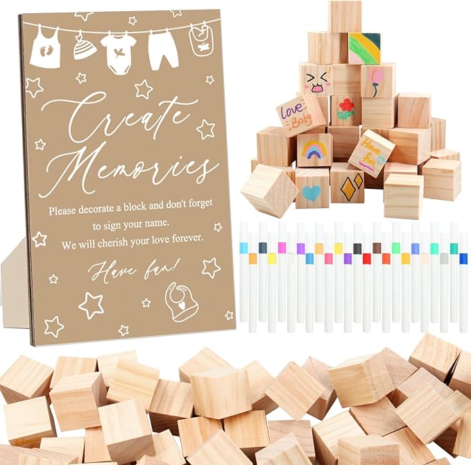 97 Pcs Baby Shower Games Sign Kit,Including Decorate a Block Game Sign 72 DIY Blank Wooden Block 24 Pen to Draw Your Idea for Baby Shower Game Gender Reveal Party