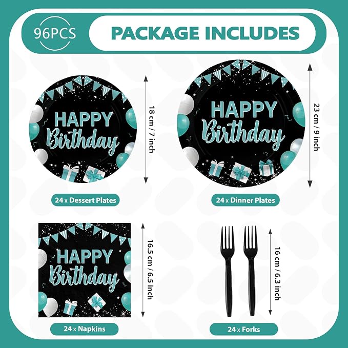 96 Pcs Happy Birthday Party Supplies Teal Blue and Black Decorations 350 GSM Disposable Turquoise Birthday Party Plates and Napkins Set Teal Blue Black Decorations for Graduations Kid Adults Serves 24