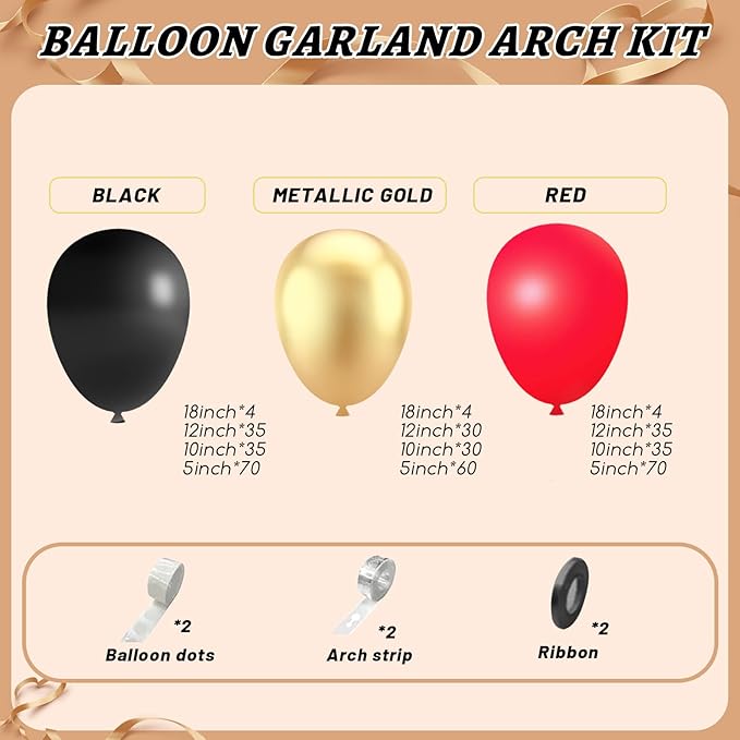 412Pcs Red Black Gold Balloons Arch kit,18 12 10 5 Inch Different Size Latex Balloons for Anniversary Casino Night Hollywood New Years Movie Night Birthday Decorations