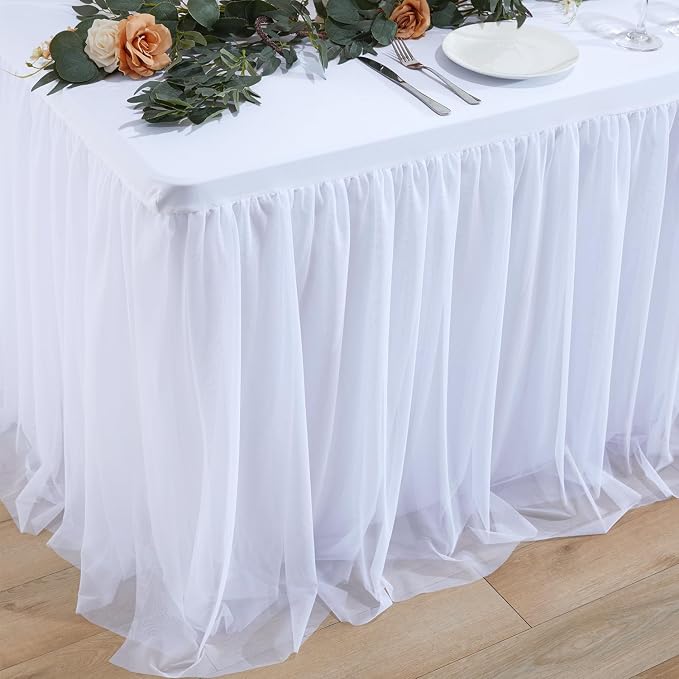 2-in-1 White Tablecloths with Tulle Table Skirt for 8 Foot Rectangle Tables, Party Ruffle Tutu Table Skirt Stretch Fitted Covers for Wedding Reception Birthday Baby Shower Celebration Banquet Event