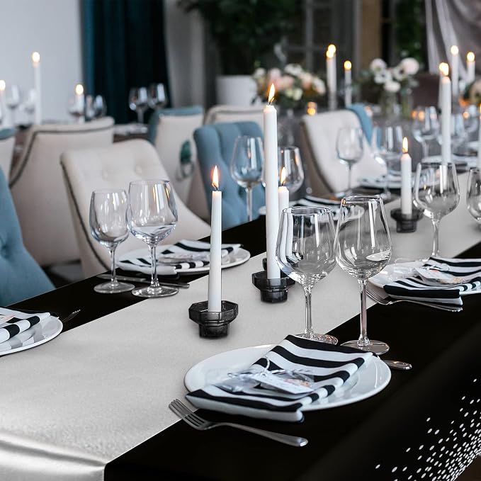 Breling 8 Pack Black and Silver Disposable Plastic Tablecloths and Satin Table Runner Set, 54 x 108 Inch Tablecloth, 12 x 108 Inch Table Runners for Wedding Graduation Birthday Baby Shower New Year