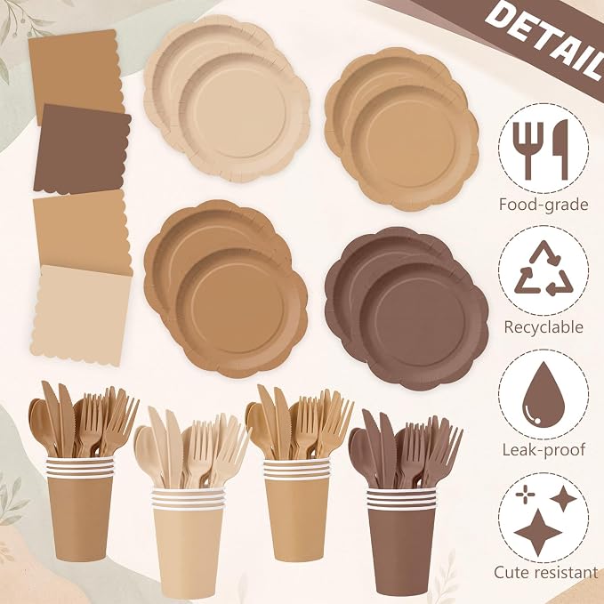 Ceenna 390 Pcs Brown Party Decoration for 48 Guests, Gradient Brown Beige Paper Plates Napkins Cups Tablecloth Cutlery Disposable Tableware Set for Boho Birthday Baby Shower Wedding Party Supply