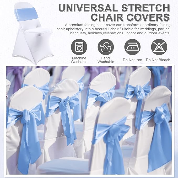 Lounsweer 50 Pcs Folding Chair Cover Set with 25 Stretch Spandex Slipcovers 25 Satin Chair Sashes Bows Ribbon Washable Banquet Protector for Wedding Event Party(White, Sky Blue)