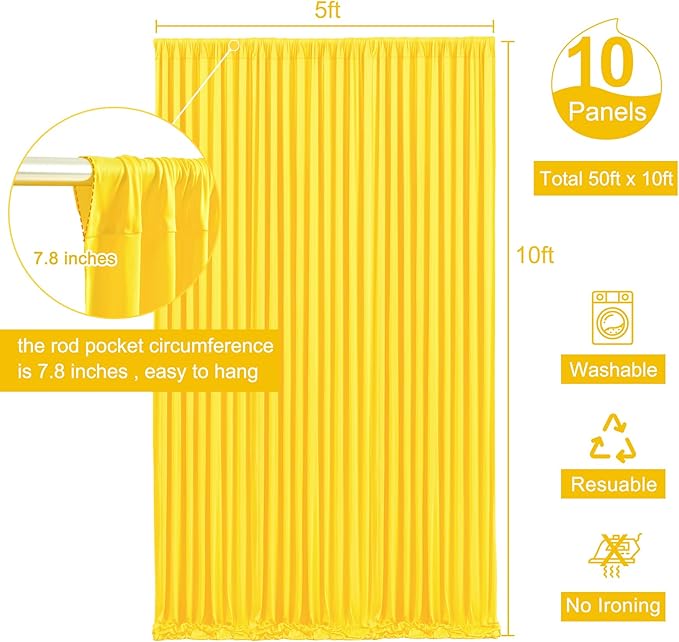 10 Panels Yellow Backdrop Curtain for Parties Wrinkle Free Lemon Yellow Photo Curtains Backdrop Drapes Fabric Decoration for Birthday Party Wedding Baby Shower 50ft(W) x 10ft(H)