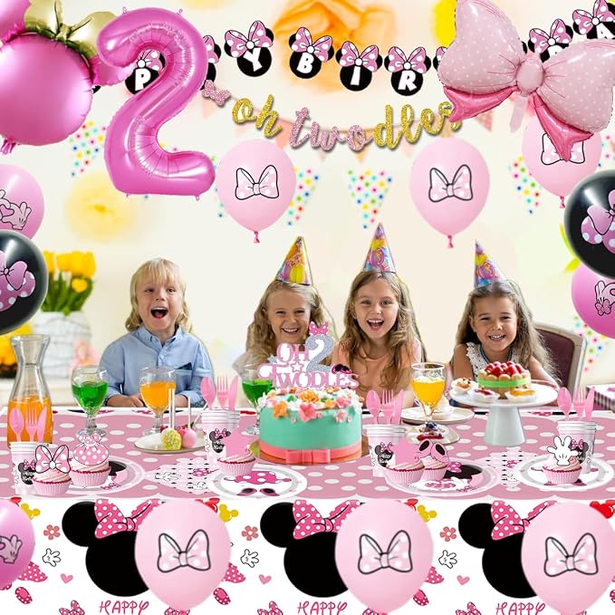 Pink 2nd Birthday Party Supplies, Oh Twodles Girl Second Party Decorations Includes Happy Birthday Banner, Hanging Swirls, Tablecloth, Cake Cupcake Toppers, Bow Foil Balloon, Latex Balloons