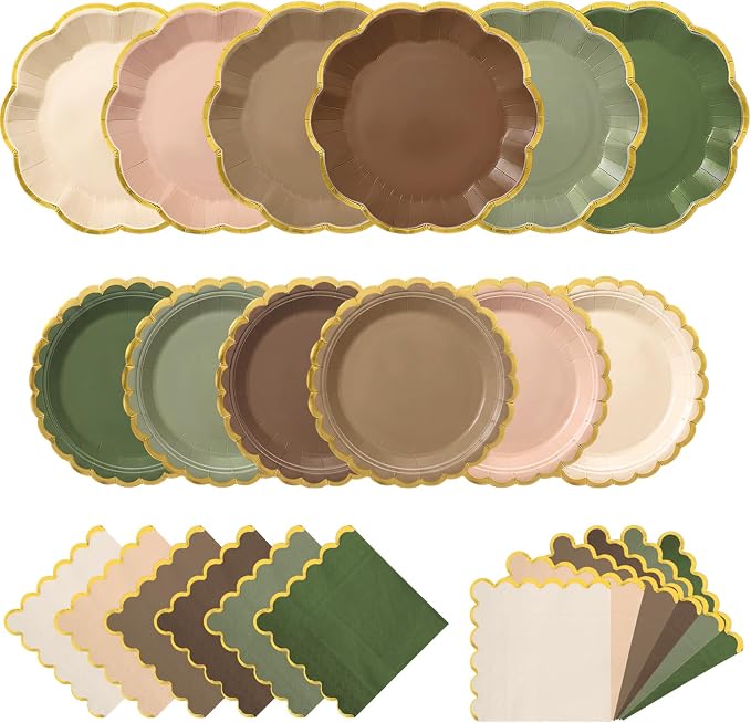144 Pcs 48 Guests Woodland Baby Shower Tableware Set Green Brown Paper Plates and Napkins Woodland Party Supplies Disposable Tableware Scalloped Plates for Safari Jungle Birthday Wedding
