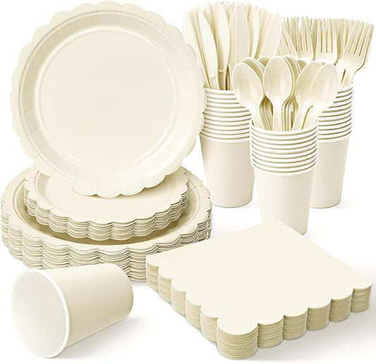 Vyntra 350 Pcs Ivory Disposable Paper Plates and Napkins Set for 50, 9" Dinner Plates & 7" Dessert Plates, Tableware for Wedding, Bridal Shower, Anniversary, Party