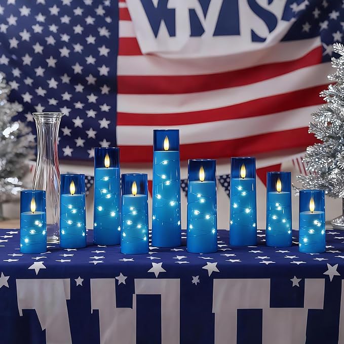 Raycare Independence Day Flameless Candle with Remote Timer – 9 Flickering Acrylic Battery Operated LED Pillar Candles with Embedded Star String for 4th of July Home Patriotic Decor, as a Gift (Blue)