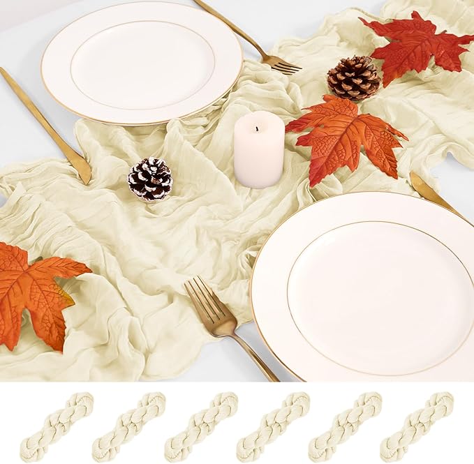 Pesonlook 6 Pack Cheesecloth Table Runner,Ivory Table Runner Long Romantic Semi Sheer Rustic Boho Gauze Table Runners for Wedding Bridal Shower Birthday Party Decorations(17.7×108 Inch)