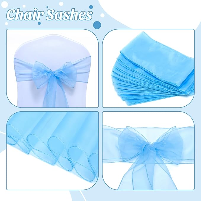 MDS® Pack of 250 Organza Chair Sashes for Wedding Decoration, Reusable Sheer Chair Bows for Banquet Chair Cover, Reception, Bridal Shower, Baby Shower, Birthday Party & Special Events - Baby Blue