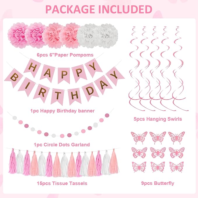 Pink Birthday Party Decorations, Pink and White Pearl Confetti Foil Balloons Happy Birthday Banner Fringe Curtain Butterfly Hanging Swirls Circle Dots Tassels Pompoms for Women Girls Party Supplies