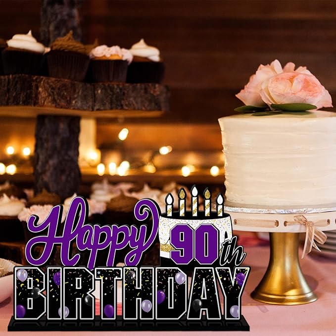 LINGTEER Happy 90th Birthday Purple Acrylic Table Topper Centerpieces Set - Cheers to Ninety Years Old Birthday 90th Bday Party Gift Decorations.
