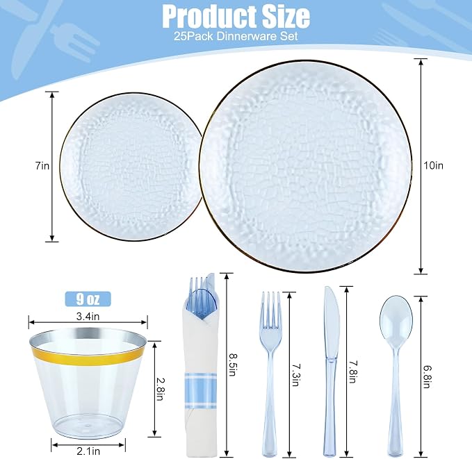 175pcs Blue Hammered Plastic Dinnerware Set for 25 Guests - Disposable Plastic Plates with Gold Rim, Heavy Duty 9oz Cups Pre-Rolled Napkins with Cutlery Ideal for Party