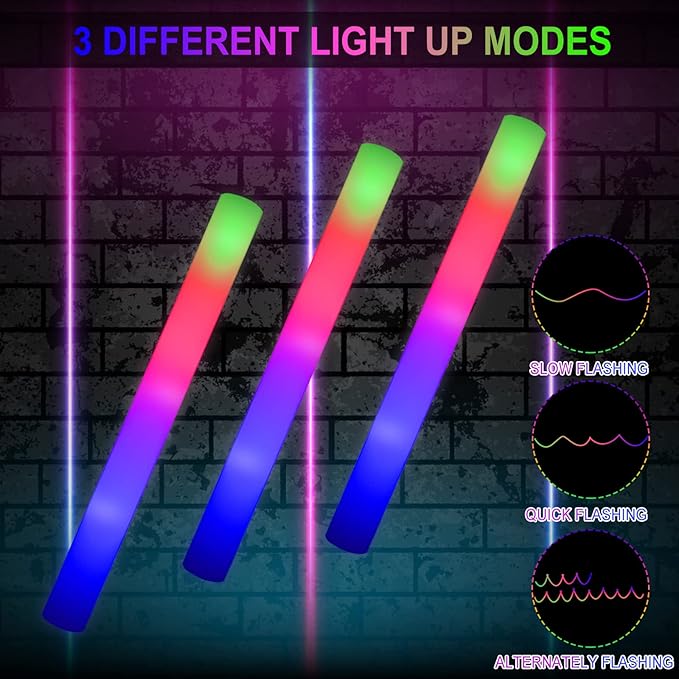 LifBetter 118 pcs Glow Foam Sticks, LED Glow Sticks 3 Modes Colorful Flashing, Foam Glow Sticks Bulk, Glow In The Dark Party Supplies for Weddings Parties Festivals Raves Concerts Sporting Events
