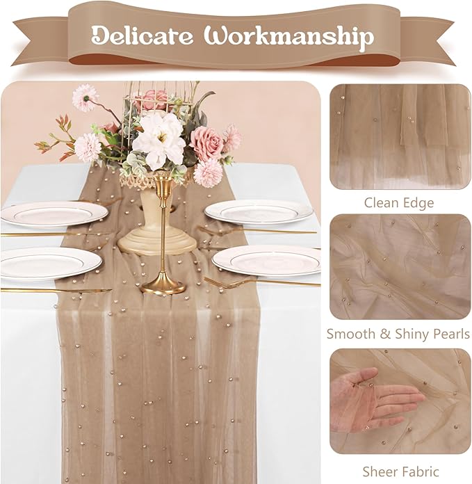 12 Pack 10FT Pearl Table Runner 30x120 Inch Nude Brown Tulle Fabric Boho Rustic Sheer Table Runners Lace Table Cloth for Wedding Bridal Shower Birthday Party Arch Veil Dessert Table Decor (Nude Brown)