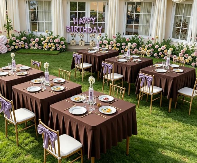 Shillance 34x34 Inch Chocolate Spandex Square Tablecloth, Wrinkle Free Chocolate Fitted Table Cloth for Square Tables,Washable Pleated Table Cover for Wedding Birthday Party Buffet Dinner Camping