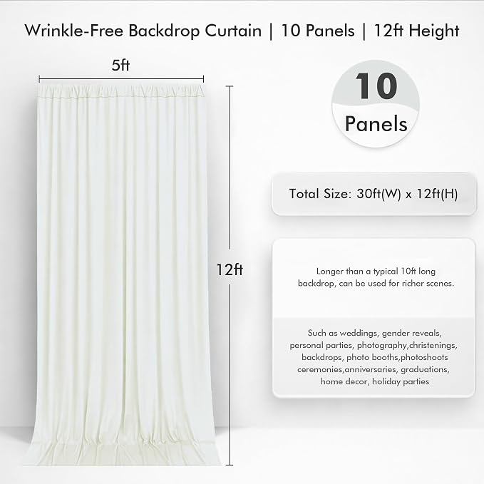 50ftx12ft Wrinkle Free Ivory Backdrop Curtain, 10 Panels 12FT Height Ivory Wedding Backdrop Drapes, Silky Polyester Back Drop Cloth for Birthday Photography Background Party Backdrop Draping