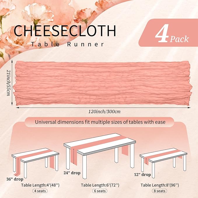 4 Pack Cheesecloth Table Runner 10FT Coral Table Runner Boho Gauze Cheese Cloth Table Runners Long Rustic Sheer Table Decorations for Wedding Party Baby Bridal Shower Birthday Holiday Home