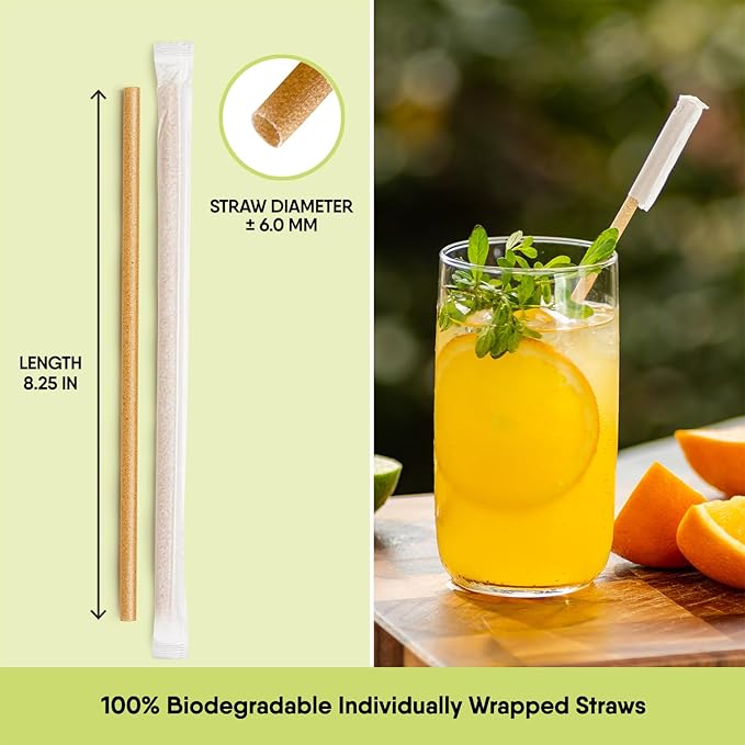 The Veggie Straws – 100 PCS of 8.25 Inches Individually Wrapped Biodegradable Straws – Made of Vegetable Fibers, Best Environment Friendly Drinking Straws for Hot and Cold Beverages