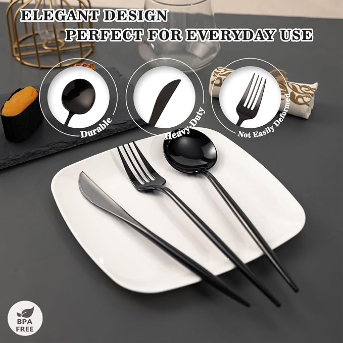 180PCS Black Plastic Silverware,Heavy Duty Disposable Utensils Include 60 Forks,60 Spoons and 60 Knives,Black Cutlery Plastic Silverware Sets for Party, Birthday,Wedding