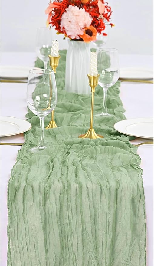 MDS Pack of 12 Cheesecloth Table Runner 35x120 Inch, 10FT Long Gauze Cheese Cloth Table Runner for Wedding Party Birthday Bridal Shower Farmhouse Garden Boho Rustic Table Decoration - Sage Green
