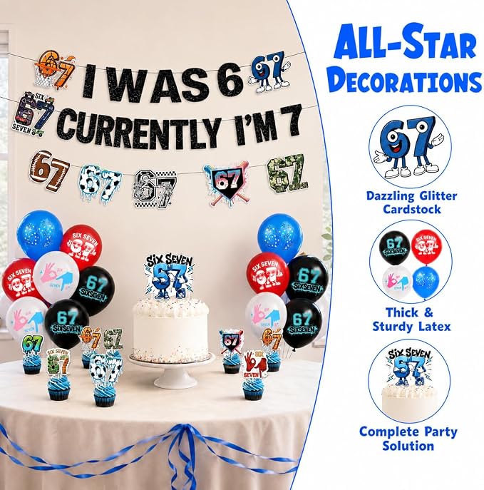 6 7 Birthday Decorations Set, I Was 6 Now I'm 7 Banner 12 Cupcake Toppers &16 Balloons, Cool Blue & Black Transition Theme 6 to 7 Birthday Party Supplies Set