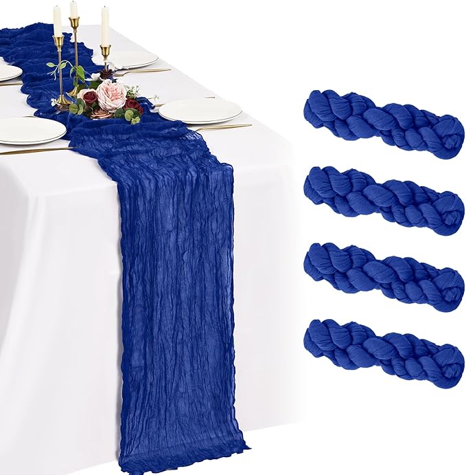 4 Pack Cheesecloth Table Runner 10FT Royal Blue Table Runner Boho Gauze Cheese Cloth Table Runners Long Rustic Sheer Table Decorations for Wedding Party Baby Bridal Shower Birthday Holiday Home