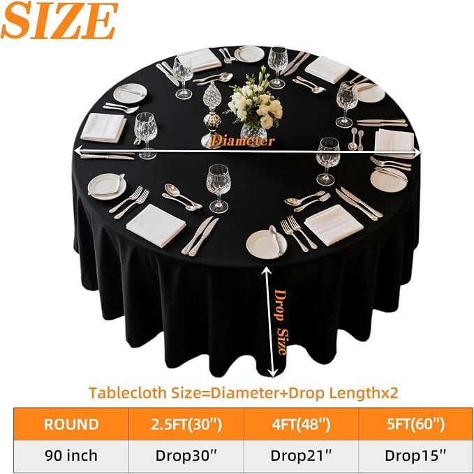 WIGENIUS 6 Pack Black Table Cloth Round Tablecloths 90 Inch,Polyester Table Cloth for 5 Foot Round Tables,Wrinkle Resistant Washable Fabric Table Covers for Party,Wedding Banquet