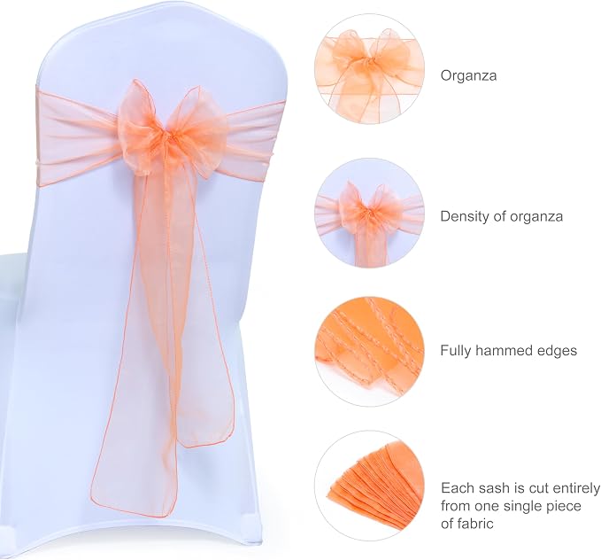 MDS® Pack of 10 Organza Chair Sashes for Wedding Decoration, Reusable Sheer Chair Bows for Banquet Chair Cover, Reception, Bridal Shower, Baby Shower, Birthday Party & Special Events - Peach