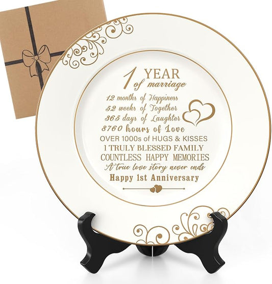 Urllinz 1st Anniversary Plate with 24k Gold Foil - 1 Year Paper Anniversary Wedding Gifts Decorations for Him Couples Wife Husband, Ceramic 9"