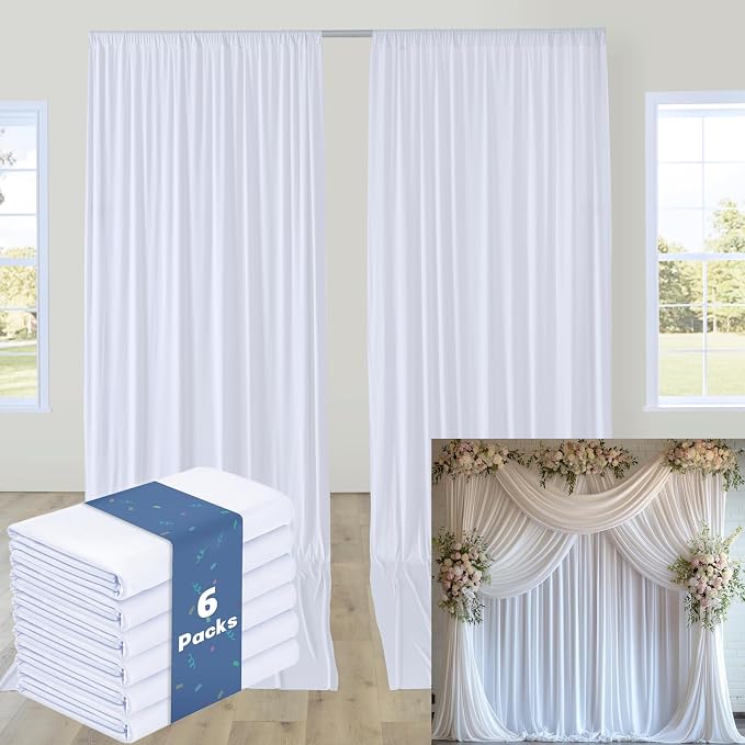 30FTx12FT White Wrinkle-Free Wedding Backdrop Curtain -Silky Washable White Polyester Drapes for Baby Showers, Birthday Parties, Photography, and Wedding Receptions-6 Panels 5FTx12FT