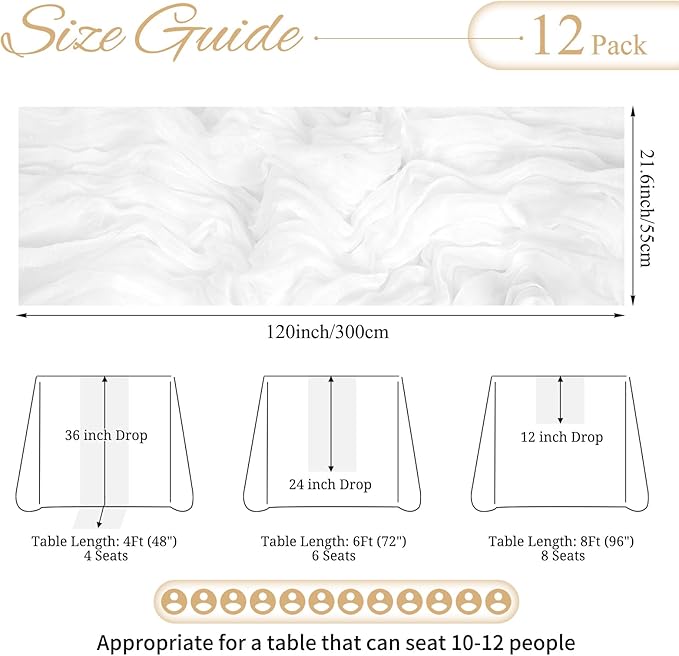 12 Pack White Cheesecloth Table Runner 10FT Boho Gauze Cheese Cloth Table Runner Rustic Sheer Fabric Table Runners for Wedding Bridal Shower Baby Shower Party(21.5×120 Inch)