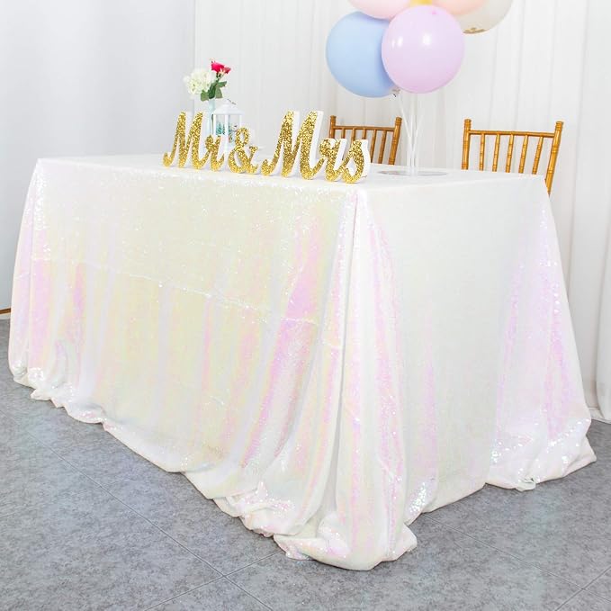 ShiDianYi Iridescent White Tablecloth 90X156 Inch Sequin Tablecloths for Birthday Baby Shower Decor White Table Cloth for Rectangle Table Shimmer Mermaid Linen Rectangular