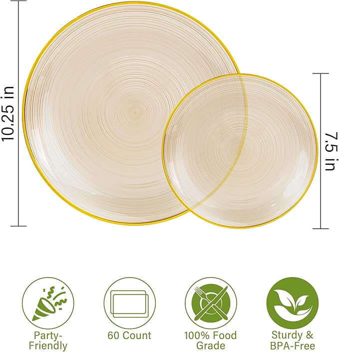 Morejoy 175PCS Clear Brown Plastic Plates - Disposable Gold Party Plates & Pre Rolled Napkins with Cutlery for 25 Guests, 50Plates, 75Silverware, 25Cups, 25Napkin for Party & Christmas