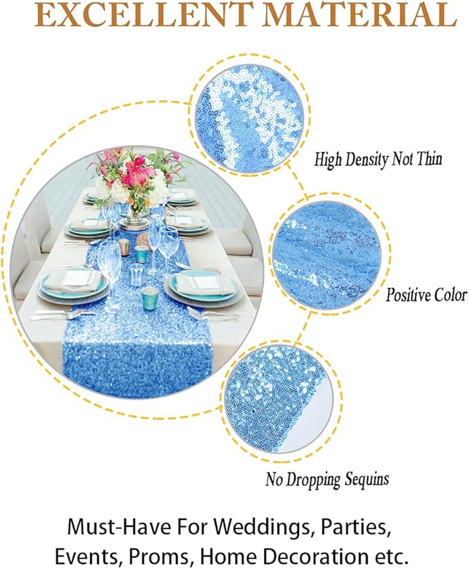 ShinyBeauty Table Runners Baby Blue 12"x108" 15 Pack Sequin Table Runner Glitter Sequence Fabric Cloth Runners Birthday Event Supplies Light Blue Runners for Table Tea Party Wedding Decor