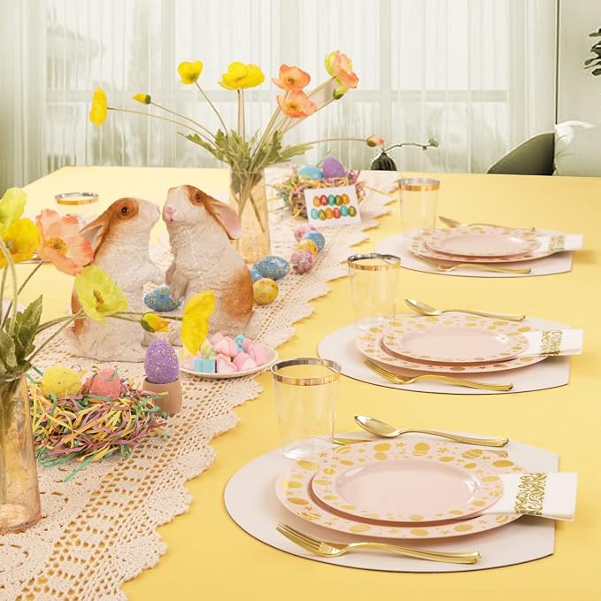 U-QE 25 Guests Plastic Easter Plates and Napkins - Pink and Gold Easter Party Supplies Include 25 Guests Dinner and Dessert Plates, 25Forks, 25Knives, 25Spoons, 25Cups, 25Napkins-Features of Gold Egg