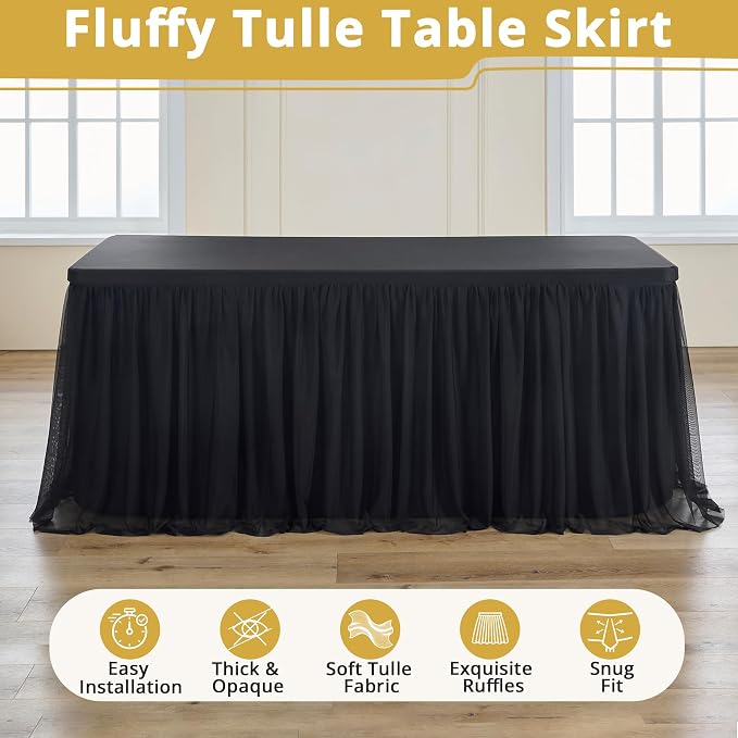 2-Pack Black Tulle Tablecloth for 6 Ft Rectangle Tables – Elastic Spandex Table Cover with Tutu Skirt, Wrinkle Free for Wedding, Birthday Party, Banquet Buffet, Craft fairs