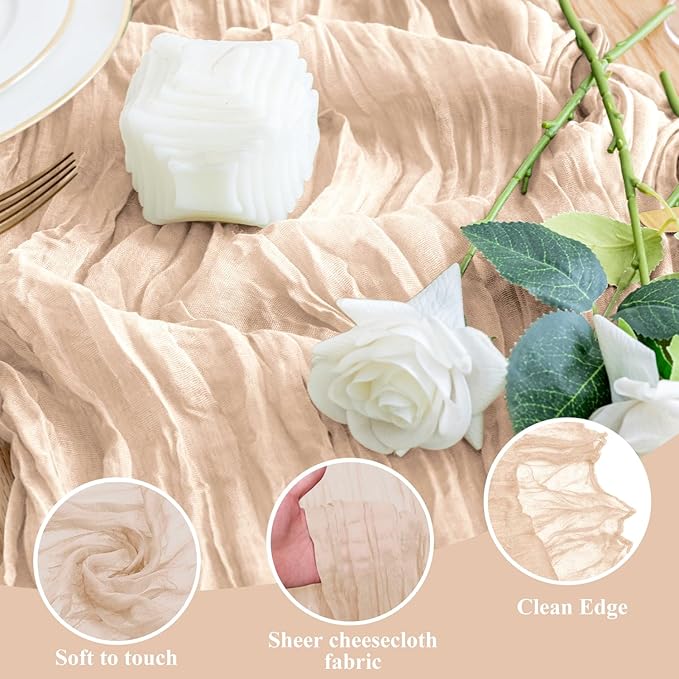 Wokceer Cheesecloth Table Runner 2 Pack 10FT Beige Boho Gauze Christmas Cheese Cloth Table Runner for Party Long Rustic Sheer Table Runners for Baby Bridal Shower Wedding Easter Table Decor