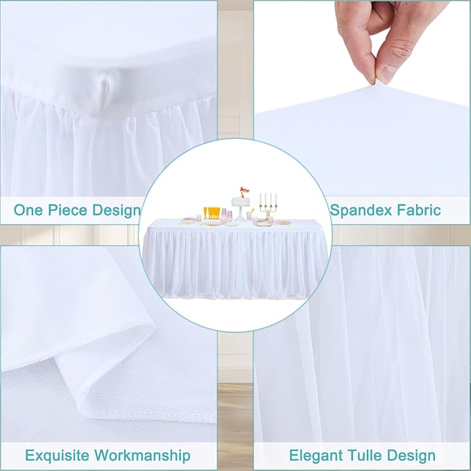 White Tulle Tablecloth Table Skirt for 6 Foot Rectangle Tables | Wedding Table Cloths, Ruffle Tutu Design, Stretch Fitted, For Parties Birthdays Reception Baby Shower Celebration Banquet