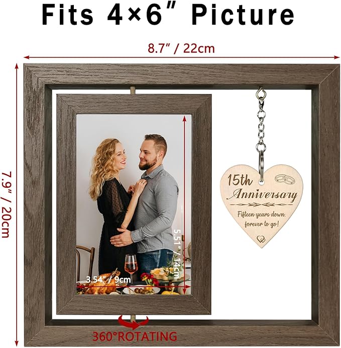 EYITUPC 15 Year Anniversary Picture Frame Gifts for Him Her,15th Wedding Anniversary Frame for Wife Couple Men, Display Two 4x6 Inch