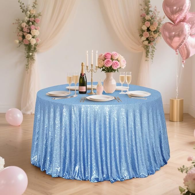 Eternal Beauty Baby Blue Tablecloth, 120 Inch Round Sequin Tablecloth for Party Cake Dessert Table Exhibition Events