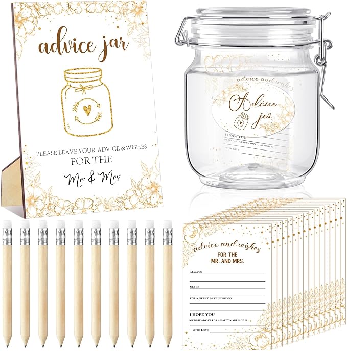 Jetec 74 Pcs Advice and Wishes for the Mr and Mrs 60 Pcs Wedding Advice Cards Advice and Wishes Jar Box Bridal Shower Advice and Wishes Cards for Bride and Groom Bridal Shower Decor(Gold Flower)