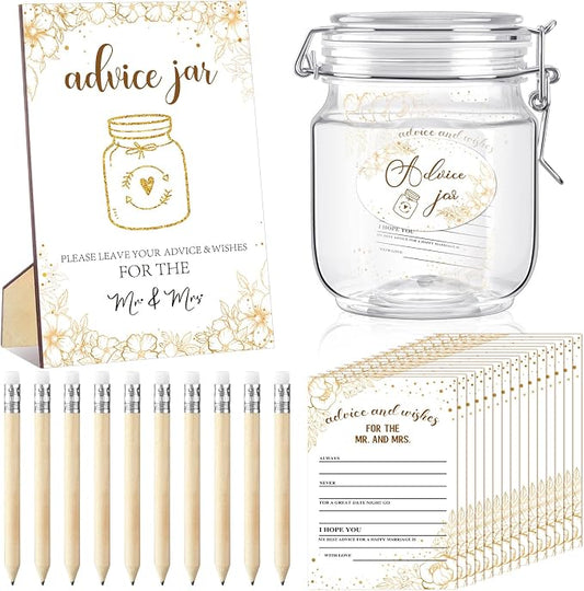 Jetec 74 Pcs Advice and Wishes for the Mr and Mrs 60 Pcs Wedding Advice Cards Advice and Wishes Jar Box Bridal Shower Advice and Wishes Cards for Bride and Groom Bridal Shower Decor(Gold Flower)