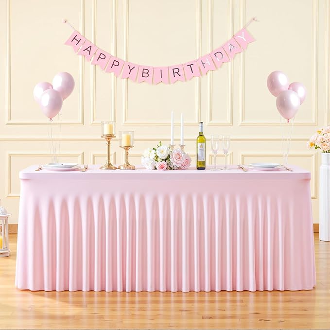 4 Pack 8ft Pink Spandex Table Cloths for Rectangle Tables Wrinkle Free Pink Rectangle Tablecloths Stretch Fitted Table Cover with Skirt for Baby Shower Girl Birthday Party Wedding Banquet Buffet