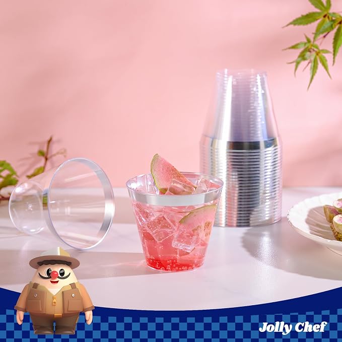 JOLLY CHEF 100 Pack Silver Plastic Cups, 9 oz Clear Plastic Tumblers, Elegant Silver Rimmed Cups, Disposable Glasses for Wedding, Thanksgiving Day, Christmas Party