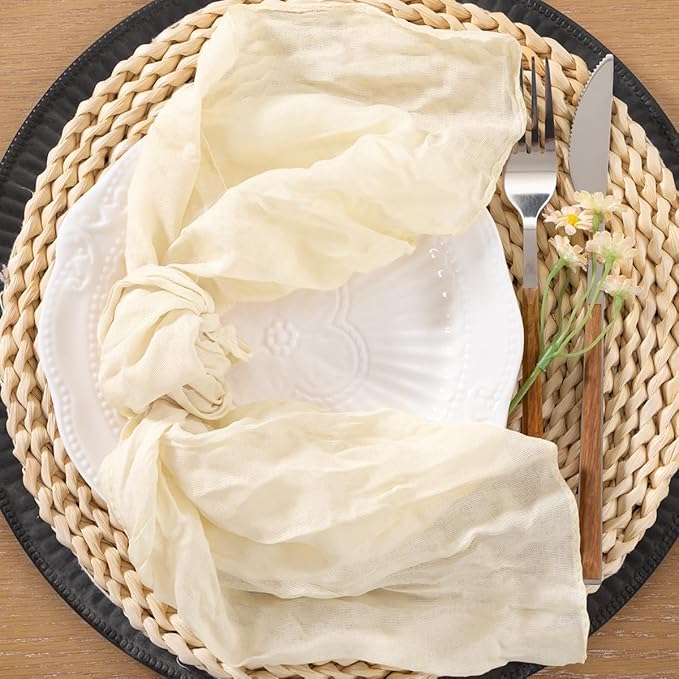 10pcs Beige Cheesecloth Napkins Mother‘s Day Spring Washable Boho Rustic Gauze Table Cloth Napkins Bulk 21x21 Inches for Wedding Party Bridal Baby Shower Birthday Table Decor