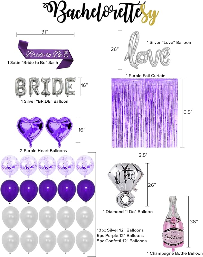 Bachelorettesy 28pc Bachelorette Party Decorations Kit for Bride to Be, Bridal Shower Decorations, Engagement Party – Balloons, Sash, Foil Backdrop Curtain (Purple)